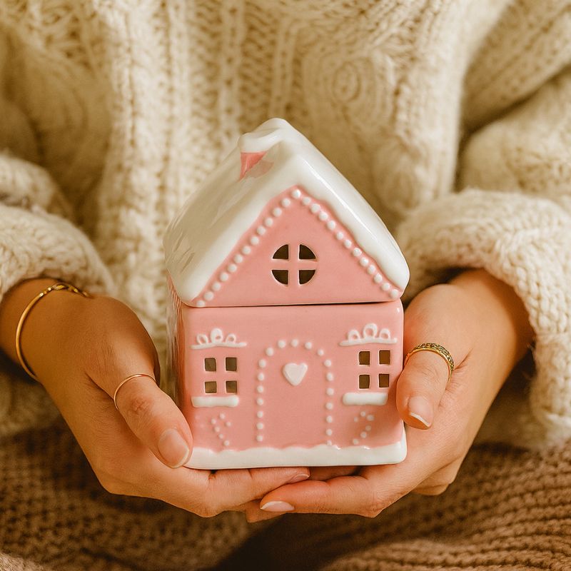 Brule Parfum Maison Pain D'Épices Rose, le brule parfum est tenu dans les mains d'une personne. Ambiance scandinave.