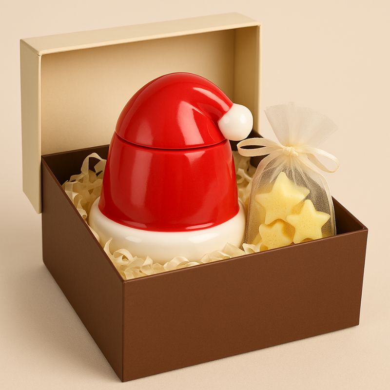 Brule Parfum Noël Rouge Magique, disposé dans un coffret cadeaux avec des fondants parfumés jaune. Sur fond beige.