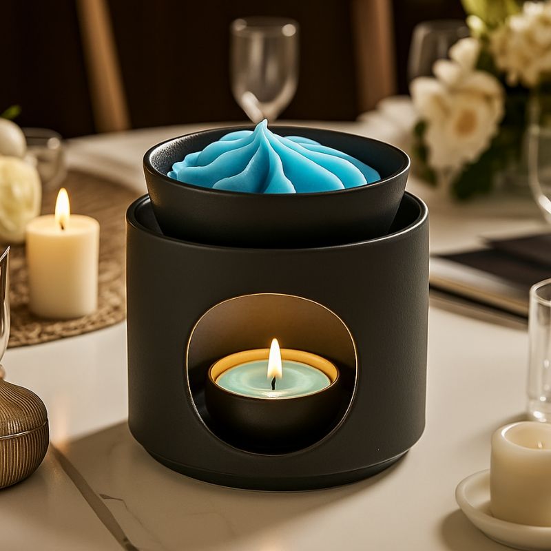 Brule Parfum Noir Prestige, avec du fondant crémeux bleu dans sa coupelle et posé sur une table à manger. Ambiance romantique.