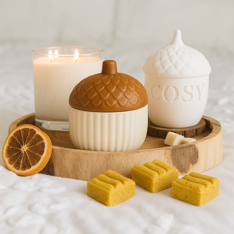 Brule Parfum Noisette d'Automne, disposé dans un plateau en bois avec d'autre brûleur et bougie. Ambiance automnale.