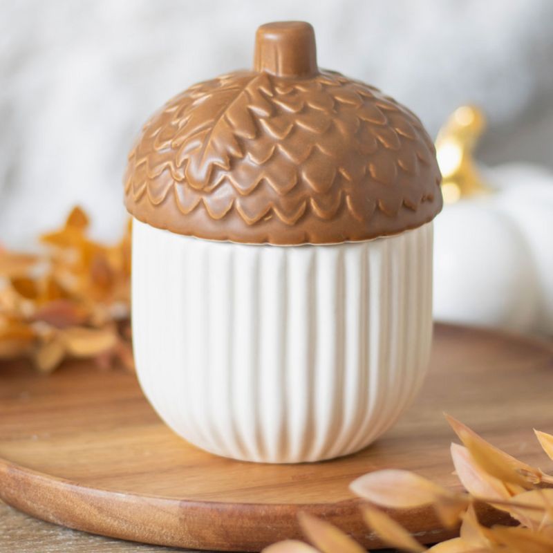 Brule Parfum Noisette d'Automne, le bruleur est posé sur un plateau en bois et avec des feuilles d’automne sécher.