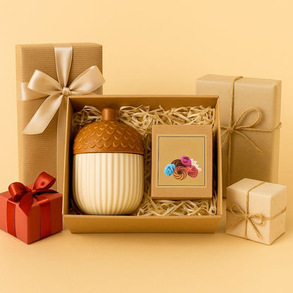 Brule Parfum Noisette d'Automne, présenté dans un coffret-cadeau avec une boite de fondant parfumé, il y a des cadeaux autour. Sur fond beige.