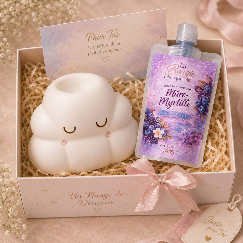 Coffret cadeau Brule Parfum Nuage Rêveur et fondant parfumé Jelly Mûre Myrtille, cadeau original pour une ambiance cocooning.