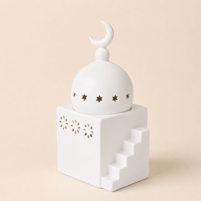 Brule Parfum Palais Oriental blanc en céramique avec couvercle lune décoration orientale et brûleur à fondant parfumé artisanal.