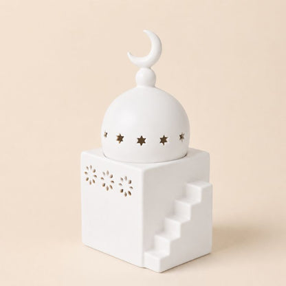 Brule Parfum Palais Oriental blanc en céramique avec couvercle lune décoration orientale et brûleur à fondant parfumé artisanal.