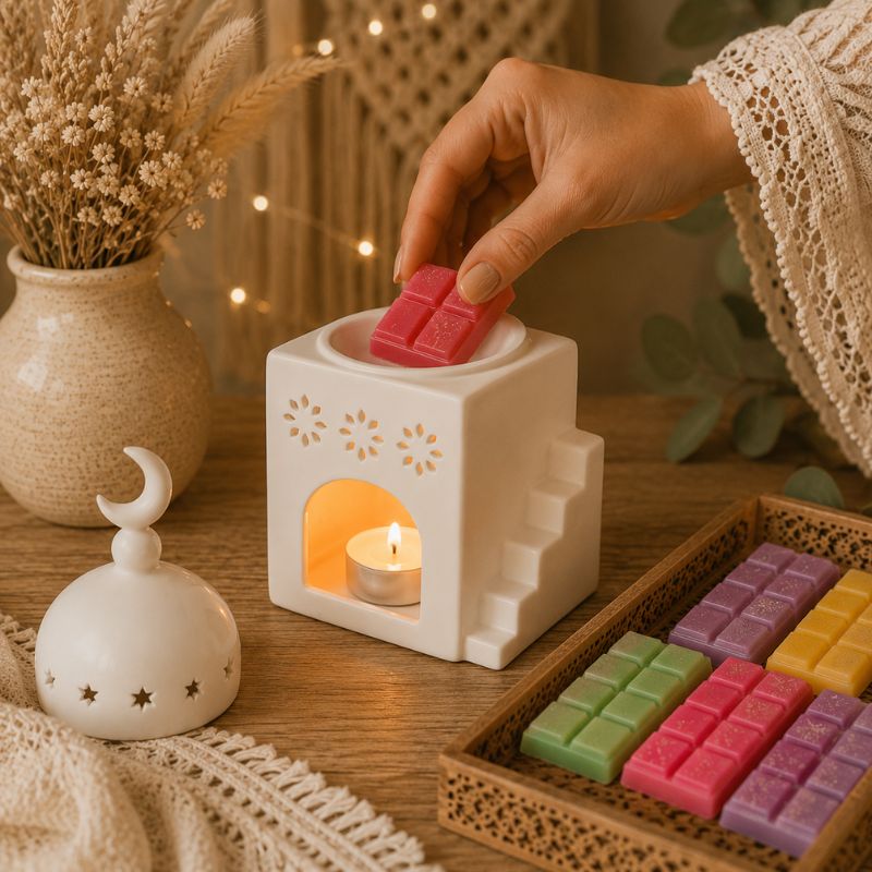 Brule Parfum Palais Oriental utilisé avec fondant parfumé tablette une main dépose un fondant dans le brûleur ambiance bohème chaleureuse décoration intérieure.