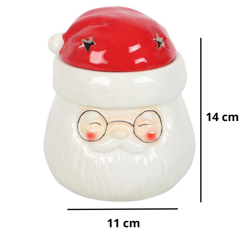 Brule Parfum Pére Noël Magique, en forme de tête de Père Noël, avec ses dimensions et sur fond blanc.
