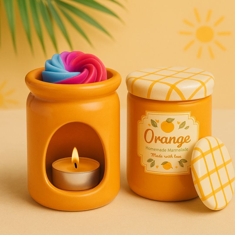 Brule Parfum Pot Délice d'Agrumes, orange avec bougie chauffe-plat et fondant parfumé coloré, style pot de marmelade dans une ambiance ensoleillée. 