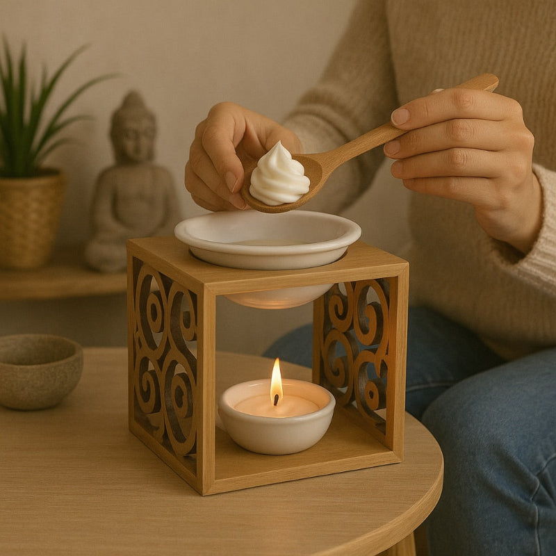 Brule Parfum Raffiné en Bois Sculpté, une personne dépose du fondant crémeux dans la coupelle du brule parfum et dans une ambiance zen.