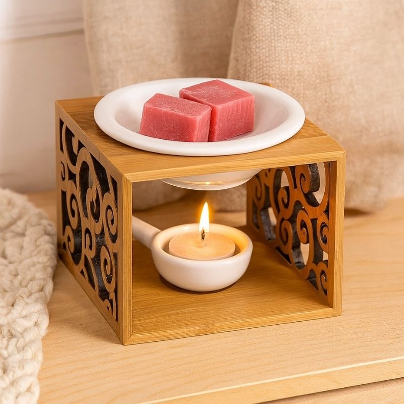 Brule Parfum Raffiné en Bois Sculpté, il y a du fondant parfumé dans la coupelle de brûleur et une bougie y est allumée dessous. Le tout dans une ambiance scandinave.
