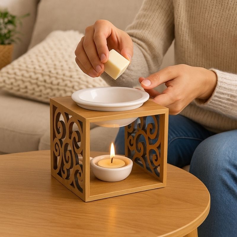 Brule Parfum Raffiné en Bois Sculpté, une personne ajoute un fondant parfumé dans la coupelle du brûleur et dans une ambiance cosy.