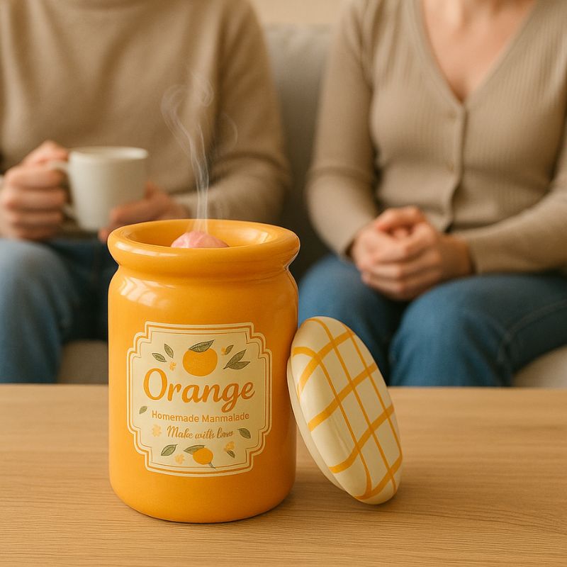 Brule Parfum Soleil Gourmand, il y a deux personnes assisent sur un canapé et le brûleur en action avec le fondant qui parfume la pièce.