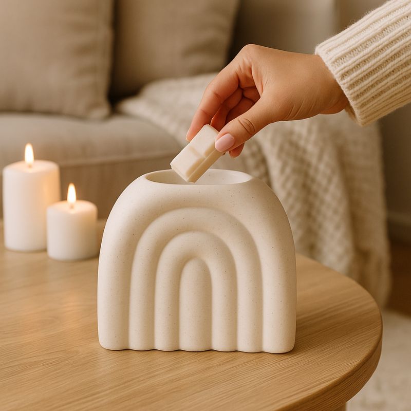 Brule Parfum XL Arc Déco Chic, le bruleur est posé sur une table en bois, il y a d'autres bougies à côté et une personne qui ajoute un fondant parfumé ans le bruleur.