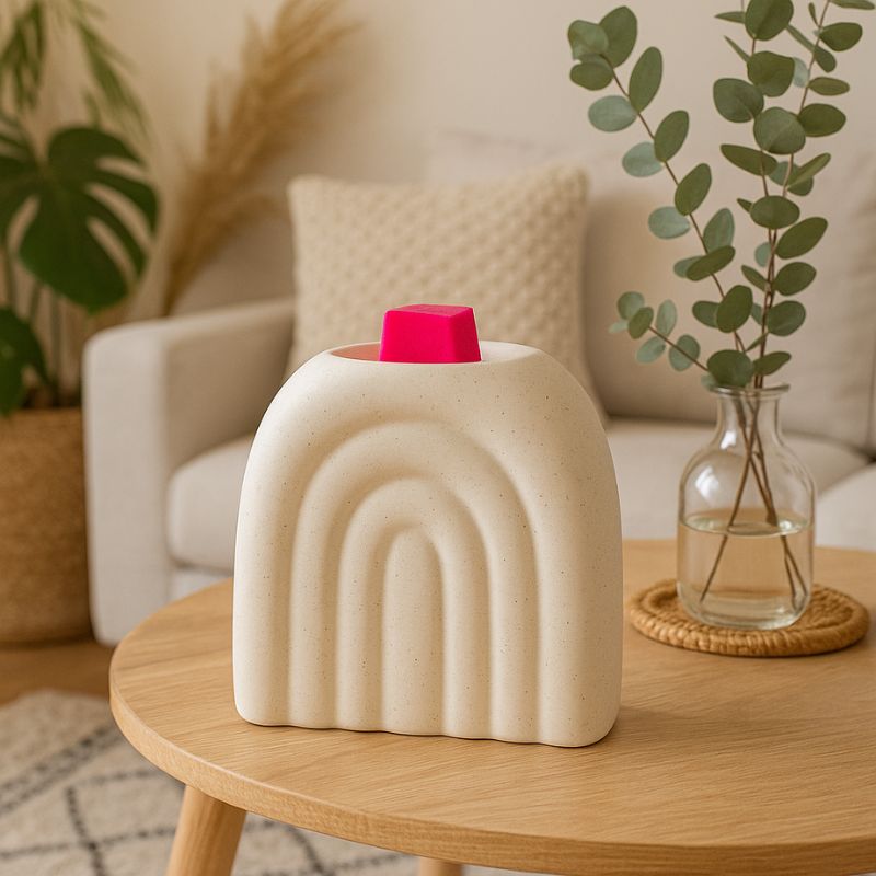 Brule Parfum XL Arc Déco Chic, posé sur une table basse avec un fondant parfumé rose, avec des plantes vertes en arrière-plan, ambiance zen.