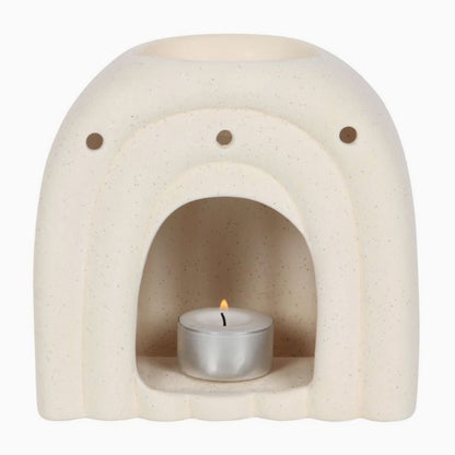 Brule Parfum XL Arc Déco Chic, visuel de l’arrière du brûleur, avec une bougie chauffe plat à l’intérieur et sur fond blanc.