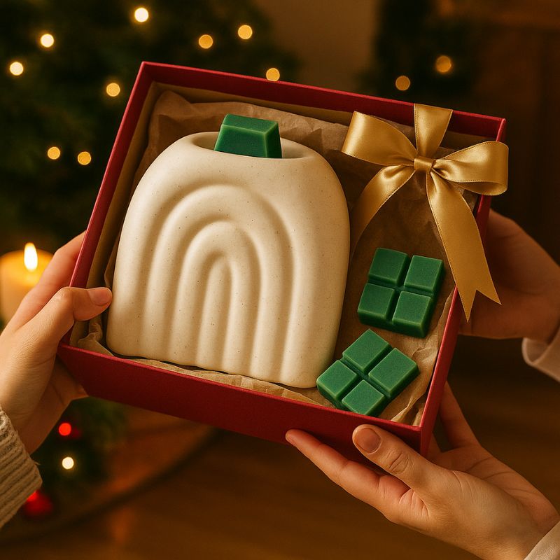 Brule Parfum XL Arc Déco Chic, le bruleur blanc est dans un coffret cadeaux rouge avec des fondants parfumés vert. Ambiance de Noël.