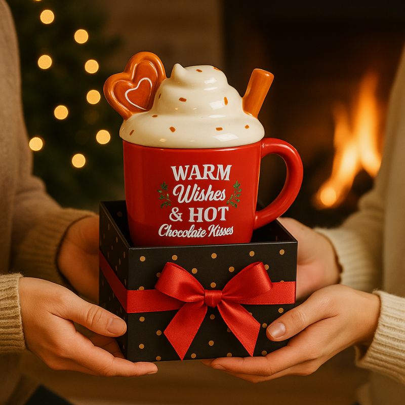 Brule Parfum XL Gourmandise de Noël, le mug est dans un coffret de Noël et deux personnes s'offrent le coffret-cadeau. Ambiance festive.