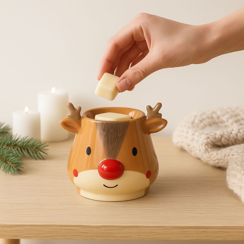 Brule Parfum XL Renne Enchanté de Noël, une personne met du fondant parfumé blanc dans le brûleur en forme de renne. Ambiance scandinave.