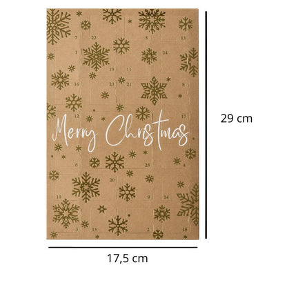 Calendrier de l’Avent Fondant Parfumé Noël Féerique avec ses dimensions et sur fond blanc.