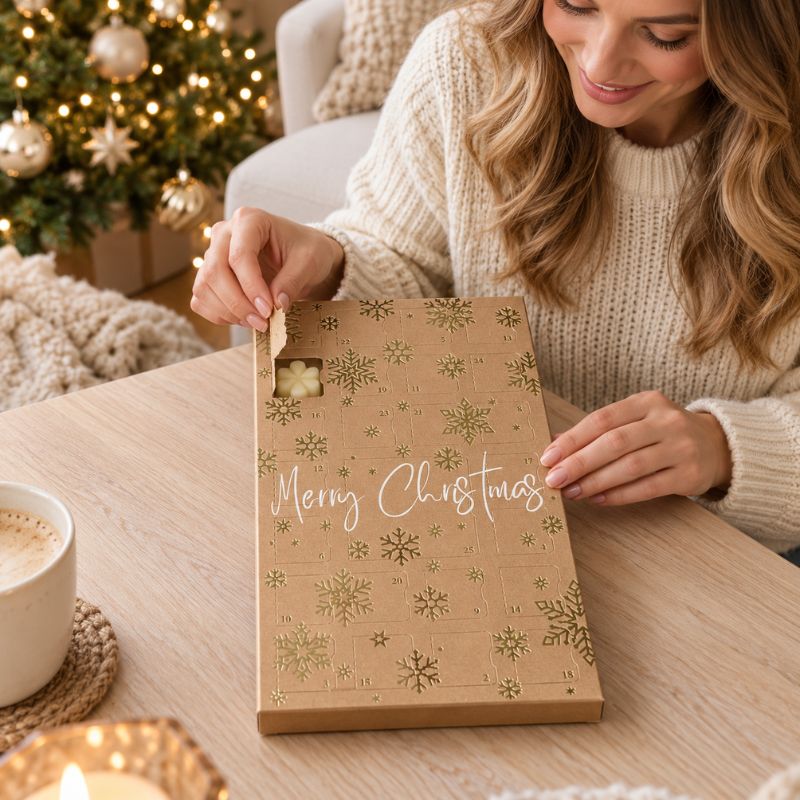 Calendrier de l’Avent Fondant Parfumé Noël Féerique dont une femme ouvre une case pour découvrir un fondant. Ambiance festive.