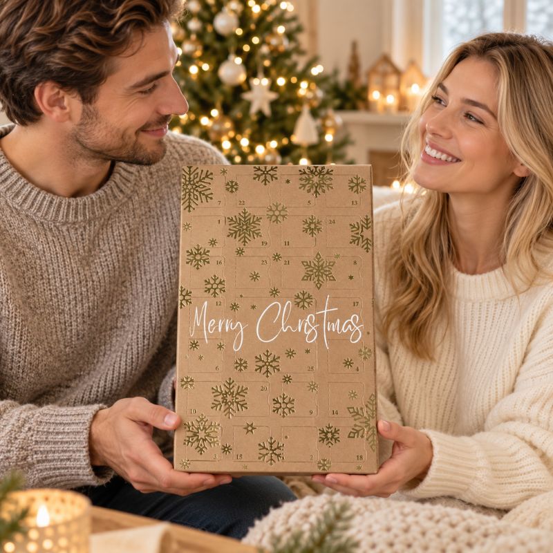 Calendrier de l’Avent Fondant Parfumé Noël Féerique offert par un homme à une femme devant un sapin illuminé.