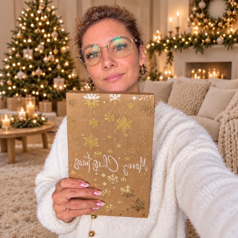 Calendrier de l’Avent Fondant Parfumé Noël Féerique présenté par Ingrid dans un salon décoré pour Noël.