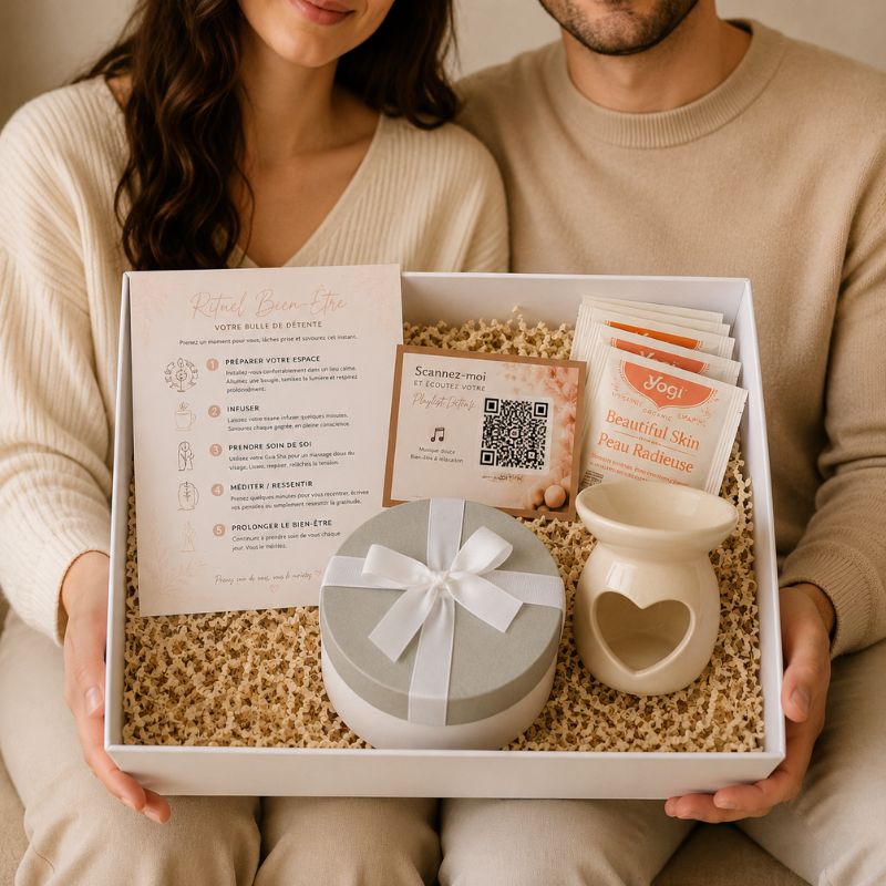Coffret Bougie Cadeau – Pause Bien-Être présenté dans un coffret élégant avec brûle-parfum cœur, tisane relaxante et ambiance cocooning apaisante.