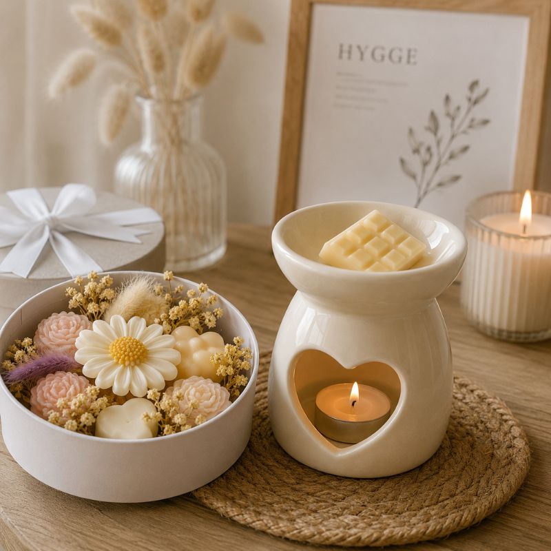 Brûle-parfum en forme de cœur avec fondant parfumé dans une ambiance scandinave cocooning, accompagné d’un coffret floral apaisant et décor chaleureux.