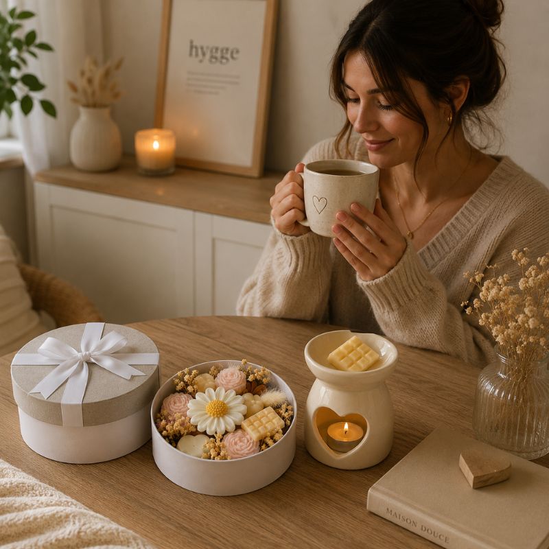 Coffret Bougie Cadeau – Pause Bien-Être dans une ambiance cocooning scandinave avec brûle-parfum cœur, fondants parfumés et instant détente autour d’une tisane chaude.