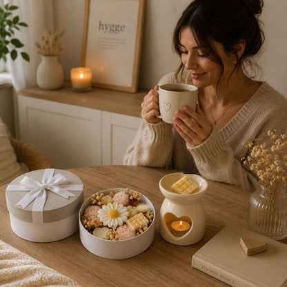 Coffret Bougie Cadeau – Pause Bien-Être dans une ambiance cocooning scandinave avec brûle-parfum cœur, fondants parfumés et instant détente autour d’une tisane chaude.