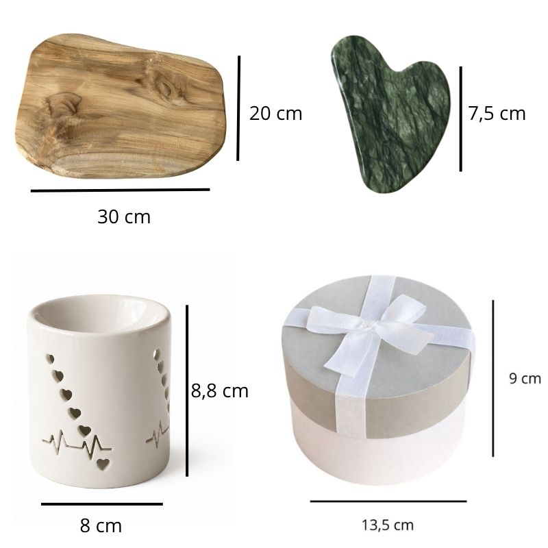 Élement du coffret bougie avec leurs mesures et sur fond blanc.