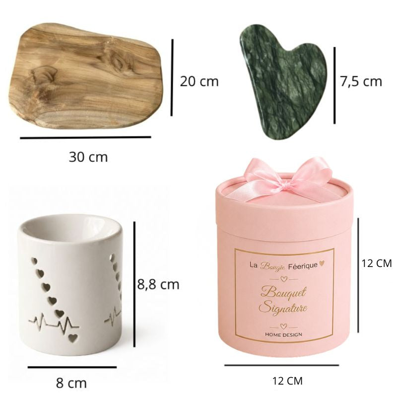 Élement du coffret bougie avec leurs mesures et sur fond blanc.