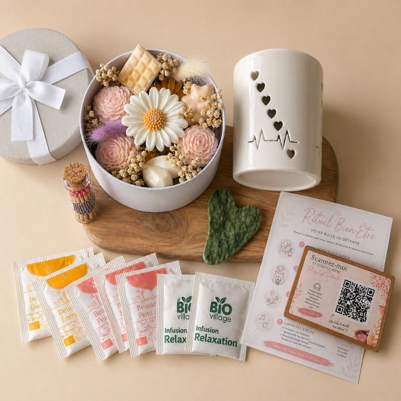 Coffret Bougie Cadeau – Prêt à Offrir, avec brûle-parfum, fondants parfumés, gua sha cœur et tisanes relaxantes. Sur fond beige clair.