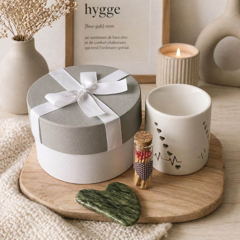 Coffret Bougie Cadeau – Prêt à Offrir avec brûle-parfum cœur, gua sha vert, allumettes et coffret cadeau bien-être ambiance scandinave.
