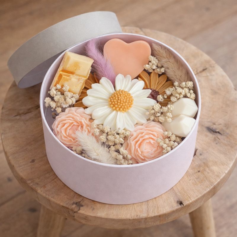 Coffret Bougie Cadeau – Prêt à Offrir avec fondants parfumés fleurs et cœur dans boîte ronde décorative sur plateau en bois ambiance cocooning.