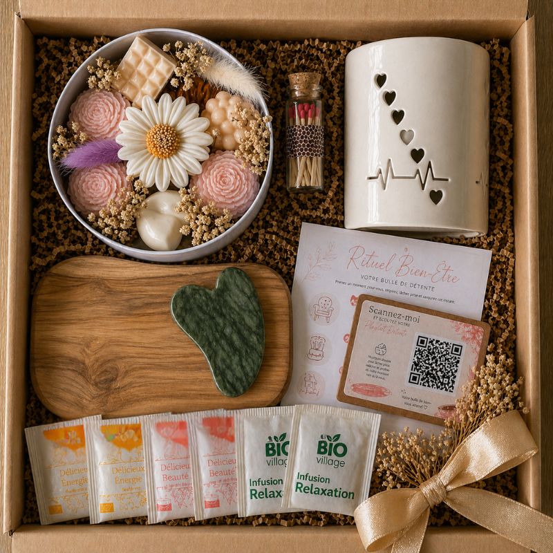 Coffret Bougie Cadeau – Prêt à Offrir – coffret bien-être avec fondants parfumés fleurs, brûle-parfum cœur, gua sha vert, tisanes relaxantes et accessoires détente sur plateau en bois.