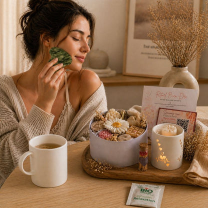 Coffret Bougie Cadeau – Prêt à Offrir, femme utilisant un gua sha avec coffret bougie bien être, brule parfum allumé, bouquet de fondants parfumés, ambiance relaxante.