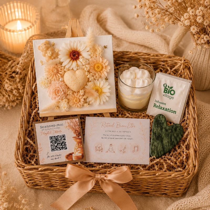 Panier cadeau bien-être avec chevalet décoratif en fondants parfumés, bougie bijou et accessoires relaxation dans une ambiance cocooning bohème.