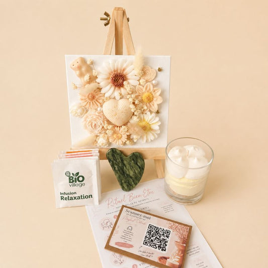 Coffret Bougie Cadeau – Relaxation Florale avec chevalet décoratif en fondants parfumés, bougie bijou citron meringué, gua sha en jade, infusion relaxation et rituel bien-être dans une ambiance douce et chaleureuse.