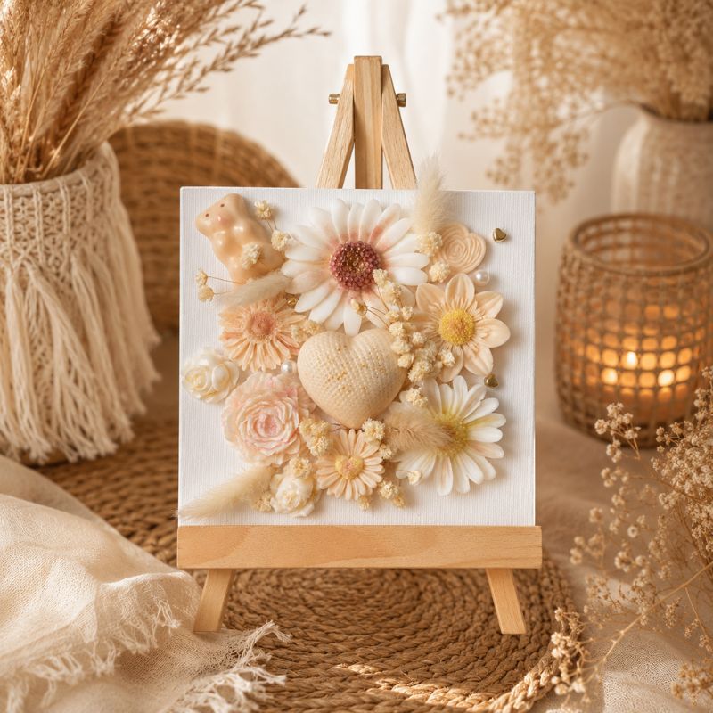 Chevalet décoratif en fondants parfumés floraux dans une ambiance bohème et chaleureuse.
