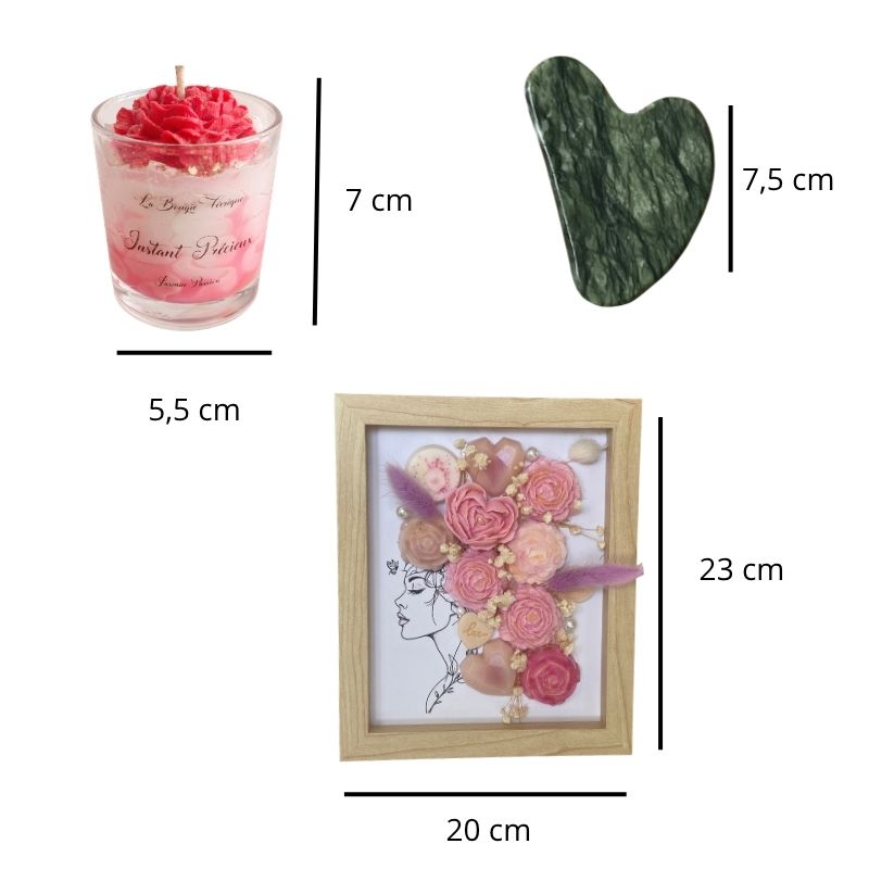 Coffret cadeau bien-être — Rituel du soir, avec les dimensions de tous les éléments et sur fond blanc. 