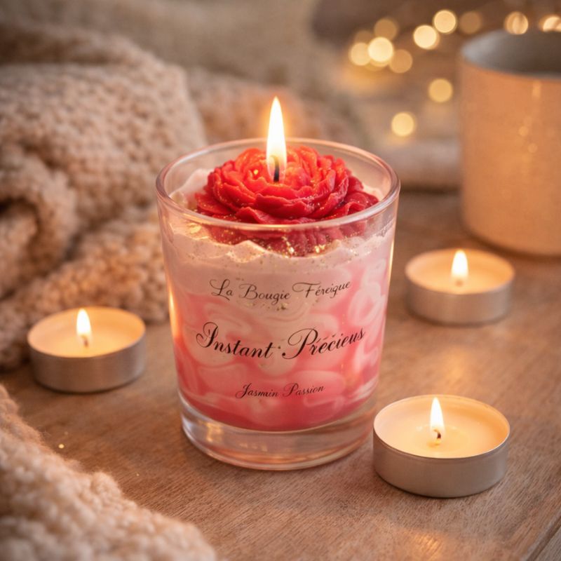 Bougie parfumée fleur rose allumée dans une ambiance cocooning chaleureuse.