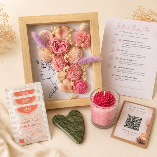 Coffret cadeau bien-être avec bougie fleur, gua sha en pierre naturelle, tisanes relaxantes et rituel cocooning. Sur fond beige clair.