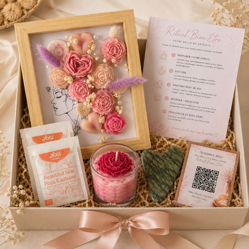 Coffret cadeau bien-être avec bougie fleur, gua sha, tisanes et rituel détente dans une ambiance cocooning.