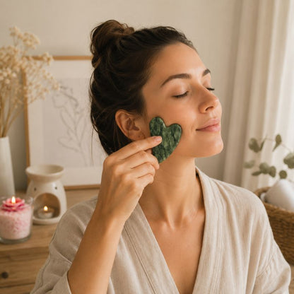 Coffret cadeau bien-être avec bougie parfumée, gua sha, tisanes et accessoires cocooning.