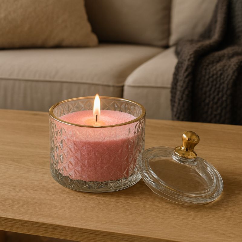 Coffret Bougie Cire Perle rose allumée dans bonbonnière en verre décoration cosy.