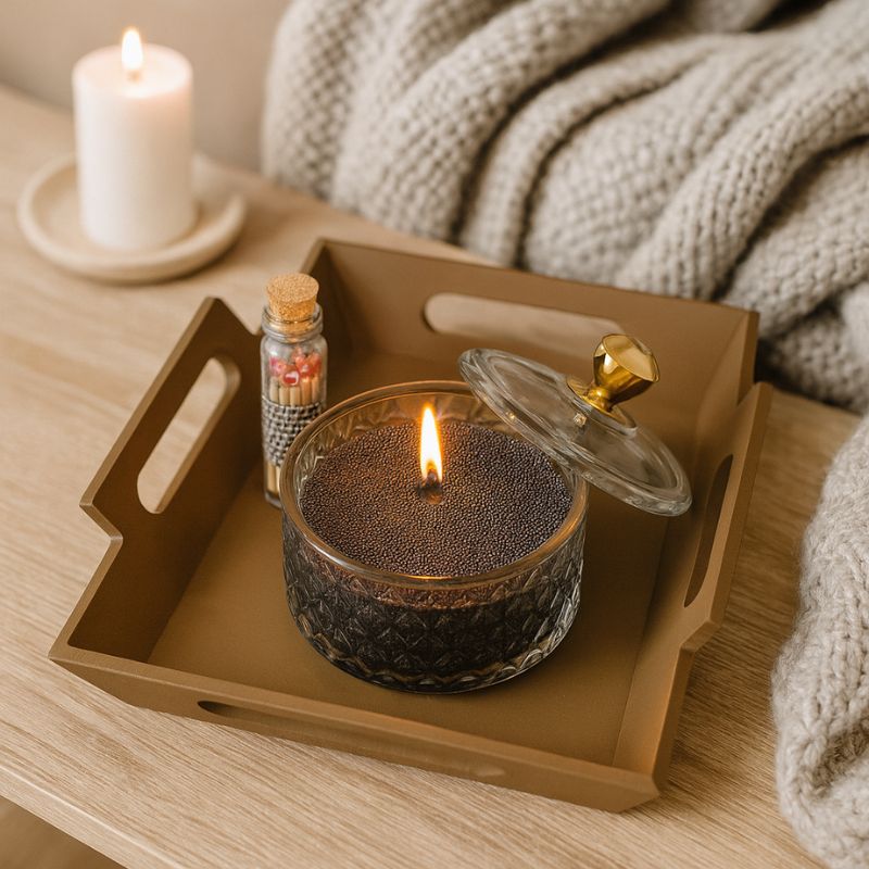 Coffret Bougie Cire Perle, lDIY allumée dans bonbonnière en verre décoration intérieure chaleureuse.