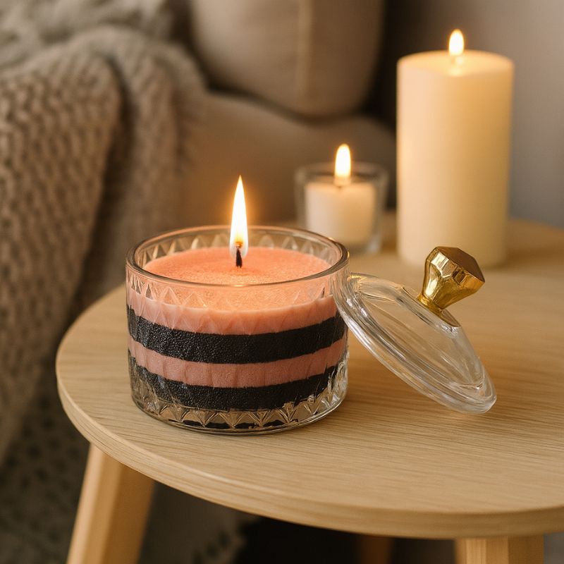 Coffret Bougie Cire Perle, rose et noire en couches allumée dans bonbonnière en verre sur table décorative.