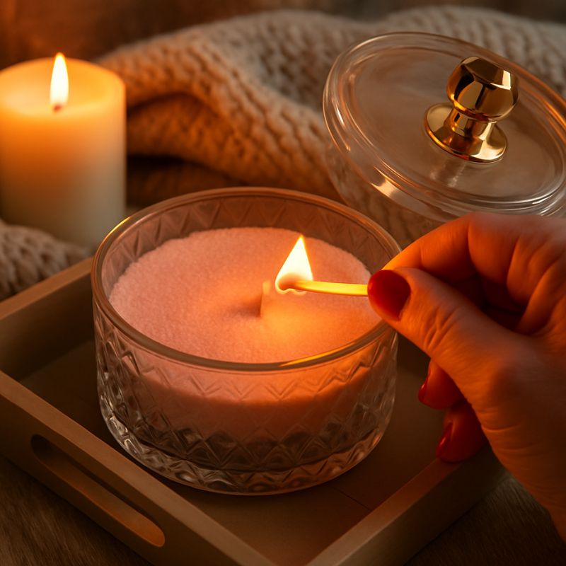 Coffret Bougie Cire Perle, allumage bougie cire perle dans bonbonnière en verre ambiance chaleureuse.