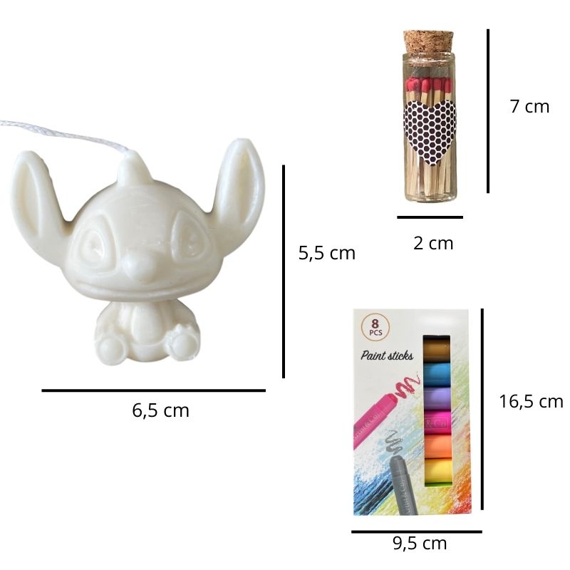 Coffret Bougie à Décorer Ami Fidèle, avec les dimensions de chaque élément qui composent le coffret et sur fond blanc.